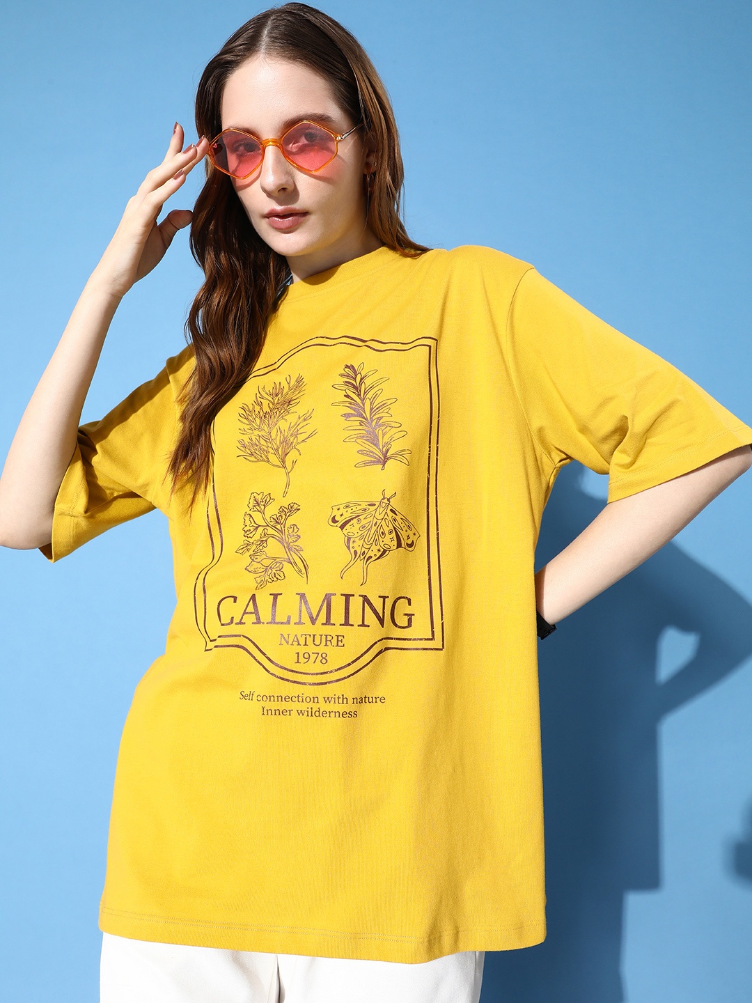 

The Roadster Life Co. Graphic Printed Drop-Shoulder Sleeves Oversized T-shirt, Mustard