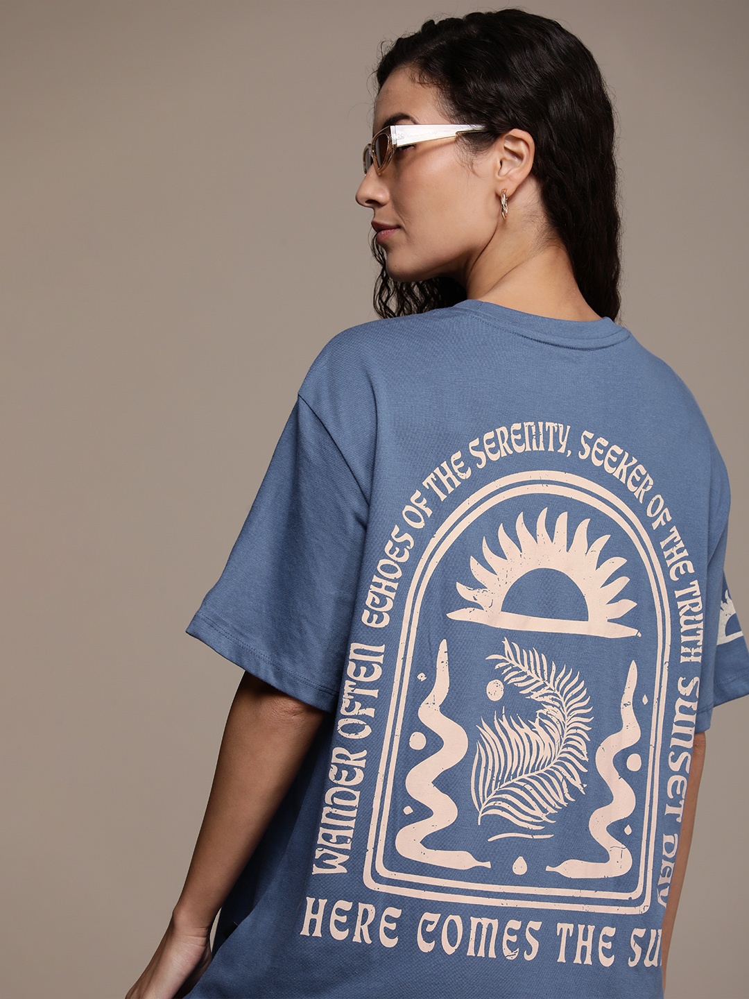 

The Roadster Life Co. Printed Drop-Shoulder Sleeves Oversized T-shirt, Blue