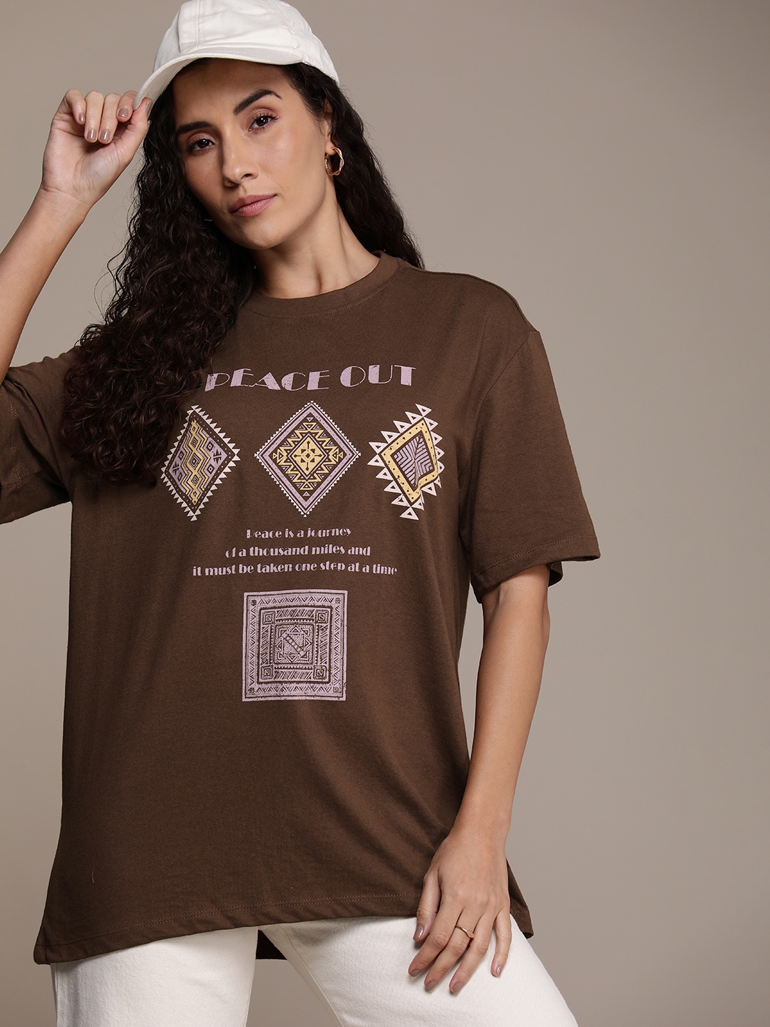 

The Roadster Life Co. Printed Drop-Shoulder Sleeves Oversized T-shirt, Coffee brown