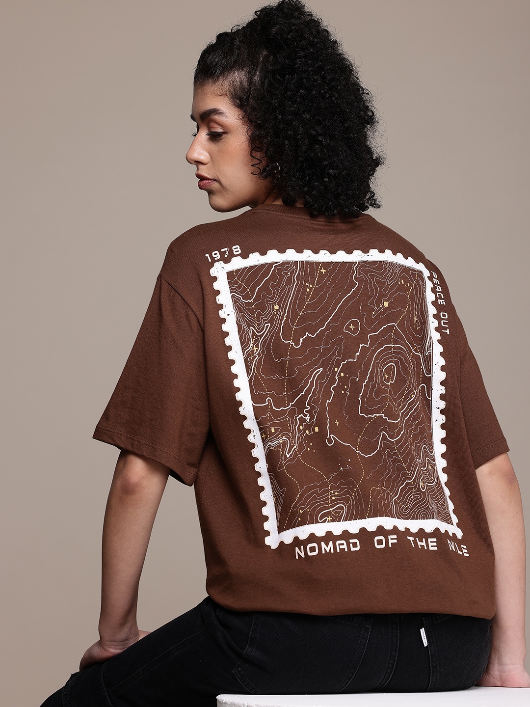 

The Roadster Life Co. Printed Drop-Shoulder Sleeves Oversized T-shirt, Coffee brown