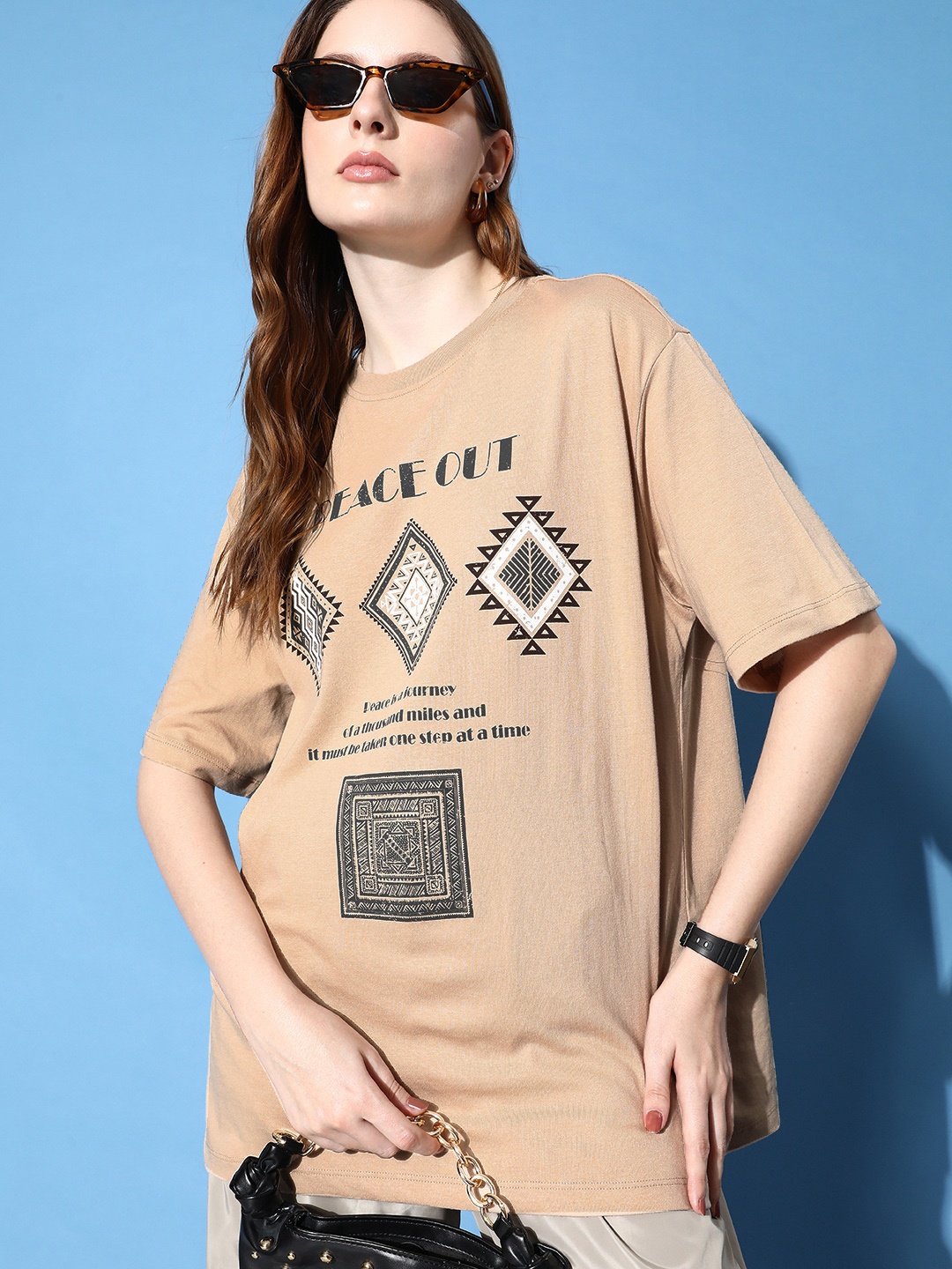 

The Roadster Lifestyle Co. Typography Printed Pure Cotton Oversized T-shirt, Beige