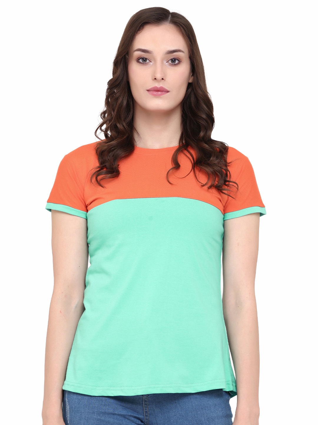 

Chanting Blue Colourblocked Cotton Round Neck T-shirt, Orange