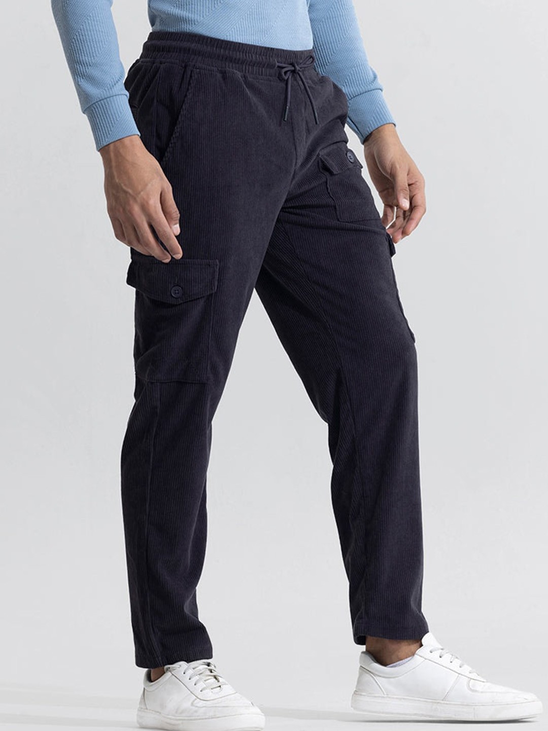 

Snitch Men Smart Slim Fit Corduroy Cargos Trousers, Grey