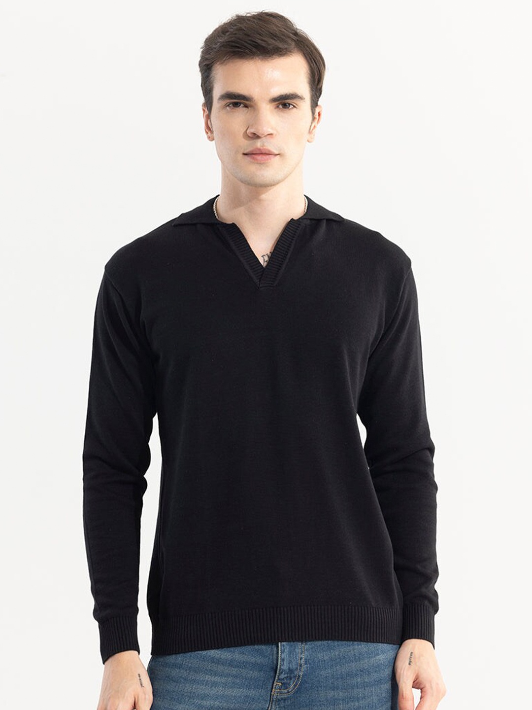 

Snitch Black Mandarin Collar Cotton Slim Fit T-shirt