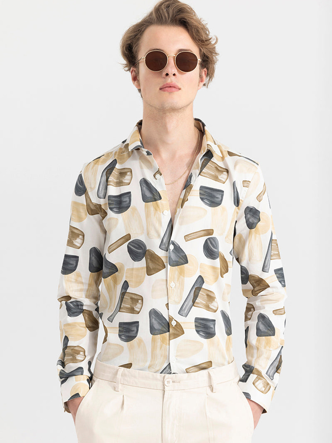 

Snitch Beige Classic Slim Fit Abstract Printed Cotton Casual Shirt