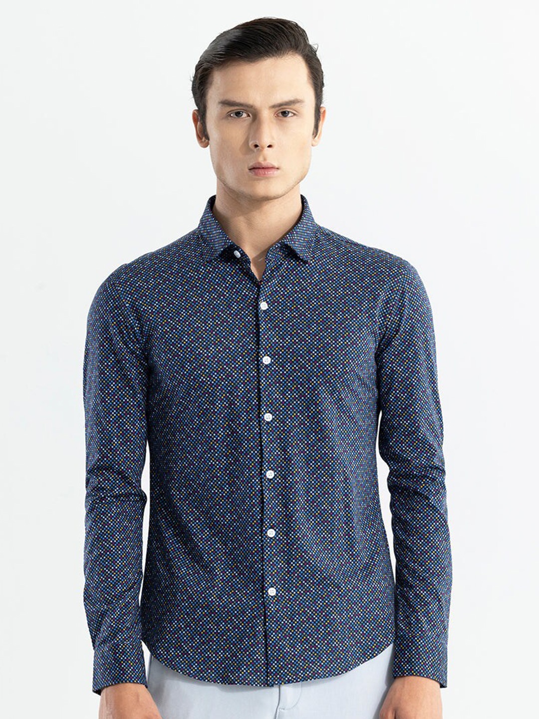 

Snitch Blue Classic Slim Fit Polka Dots Printed Cotton Casual Shirt