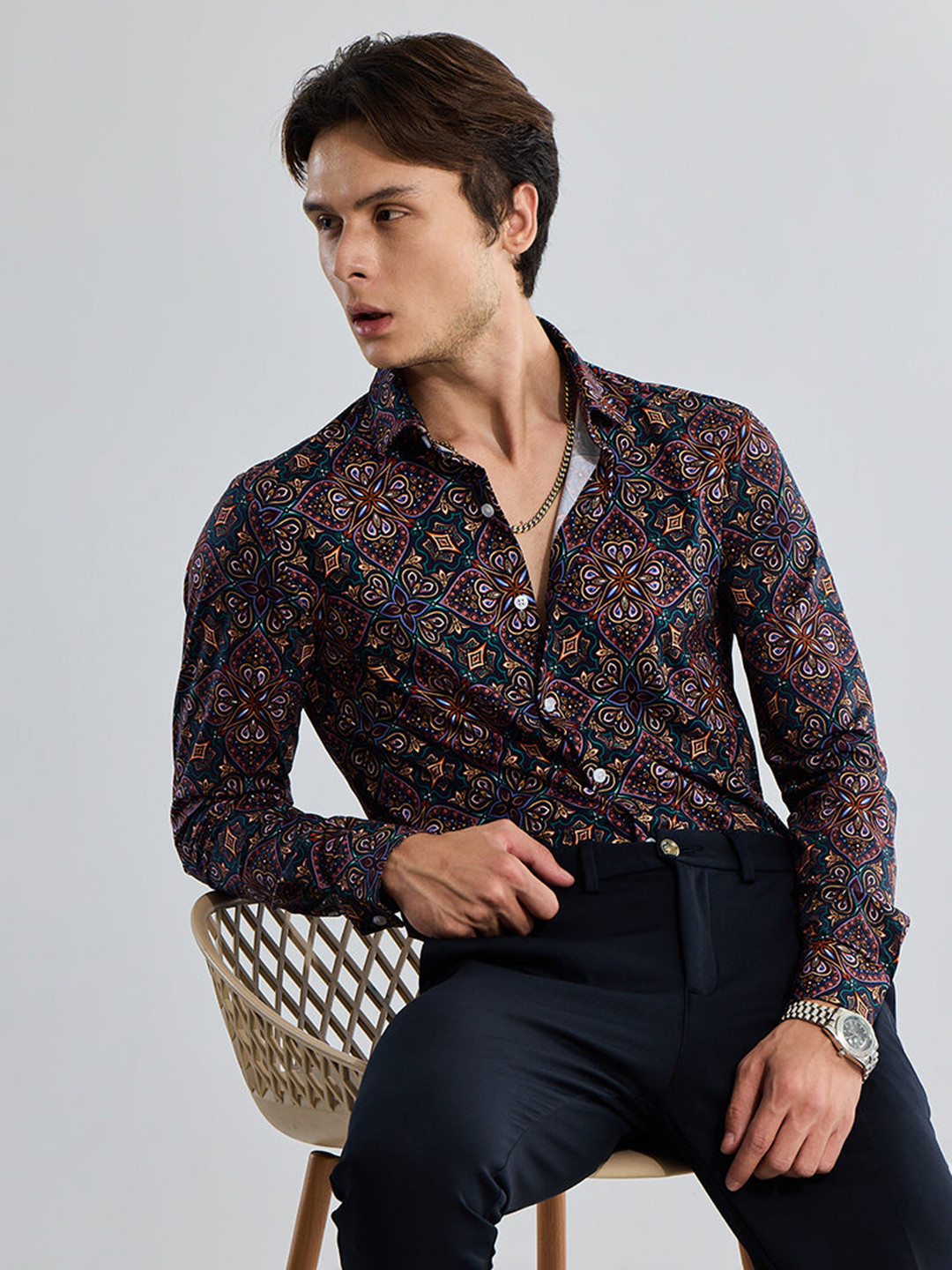 

Snitch Black & Brown Classic Slim Fit Ethnic Motifs Printed Cotton Casual Shirt
