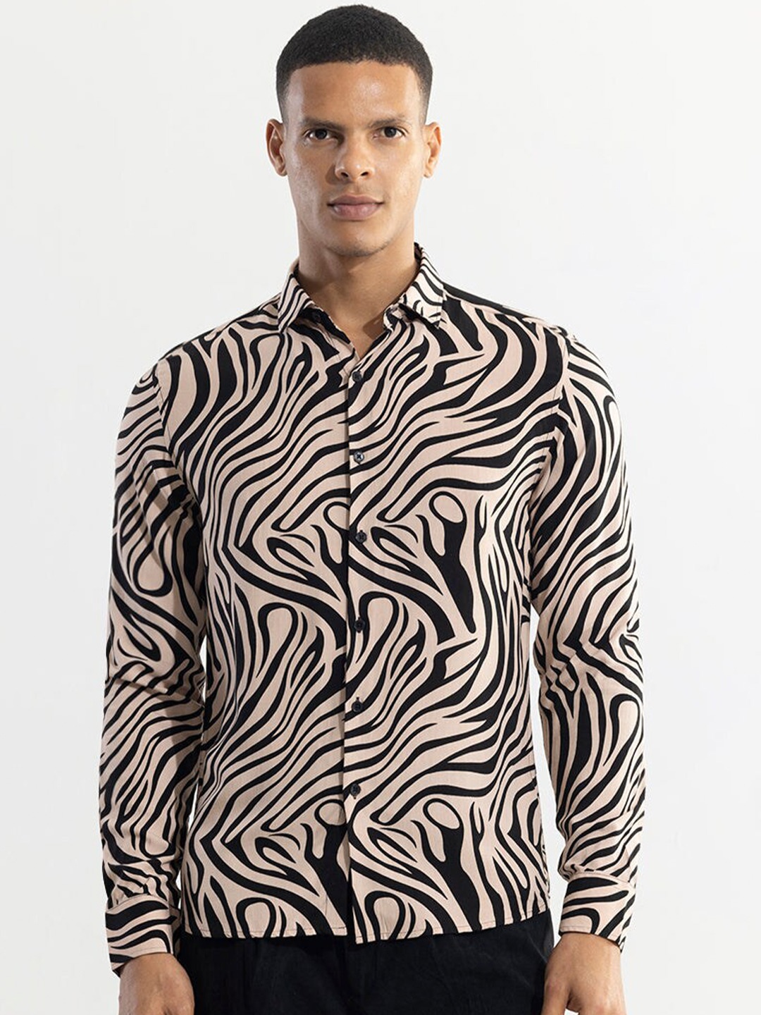 

Snitch Beige & Black Classic Slim Fit Animal Printed Casual Shirt