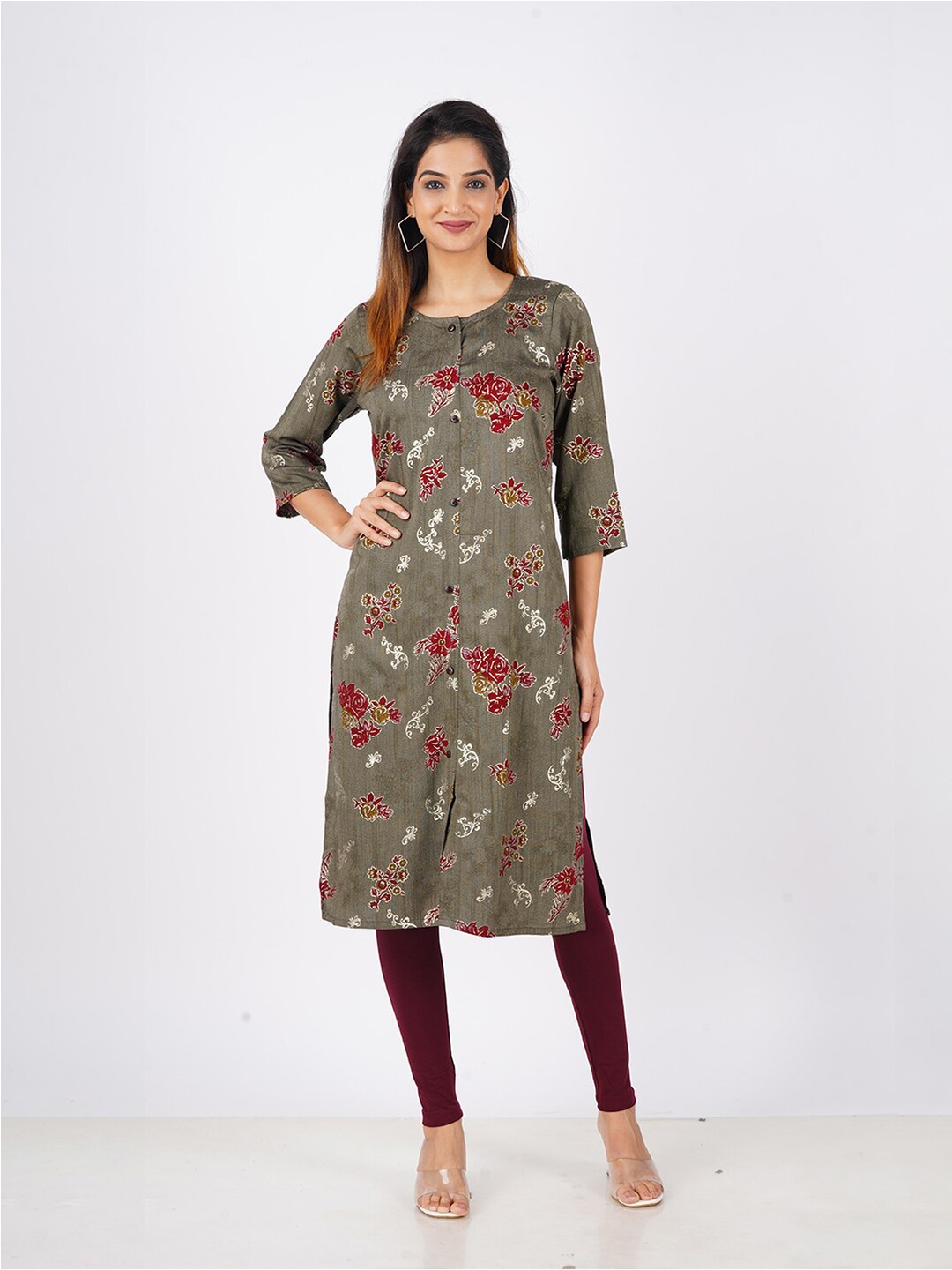 

BAESD Floral Printed Cotton Round Neck Straight Kurta, Red