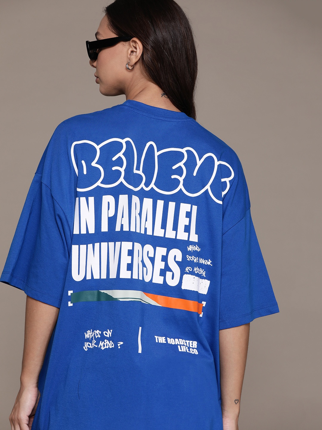 

The Roadster Lifestyle Co. Women Printed Oversized Longline T-shirt, Blue