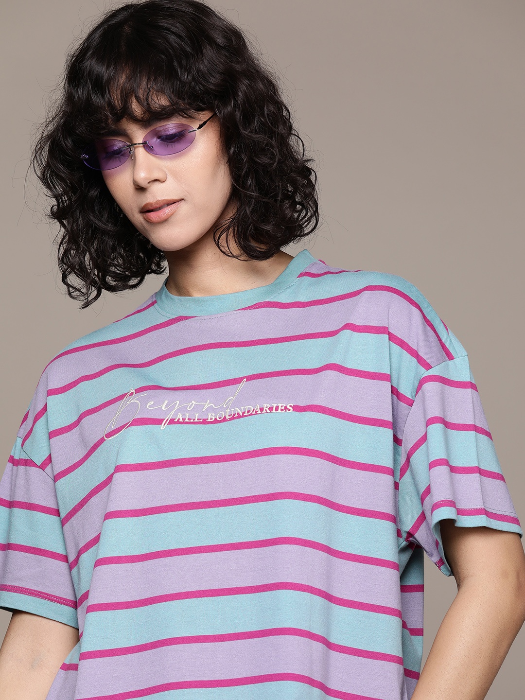 

Roadster The Life Co. Embroidered Typography Striped Oversized T-shirt, Blue