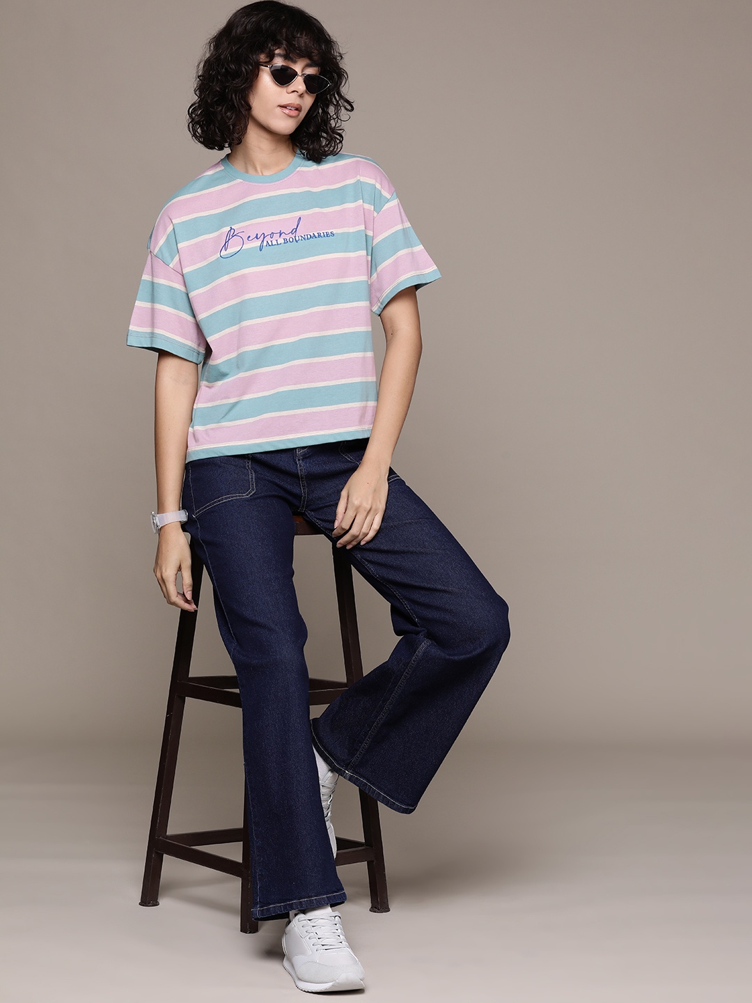 

Roadster The Life Co. Embroidered Typography Striped Oversized T-shirt, Blue
