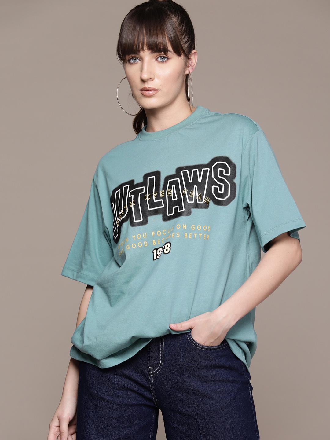 

The Roadster Lifestyle Co. Typography Printed Drop-Shoulder Sleeves Oversized T-shirt, Blue