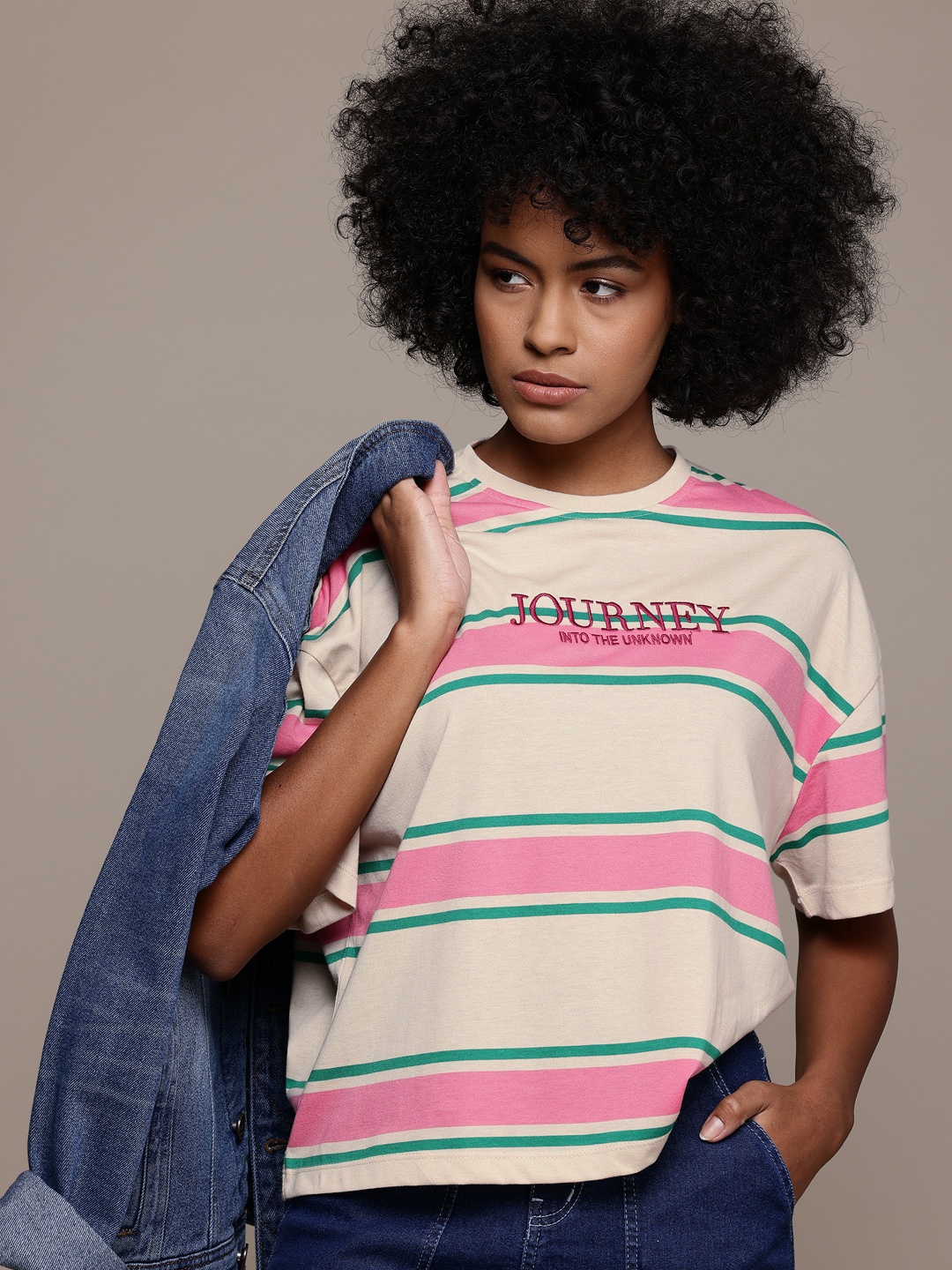 

The Roadster Lifestyle Co. Women Striped Boxy T-shirt, Cream