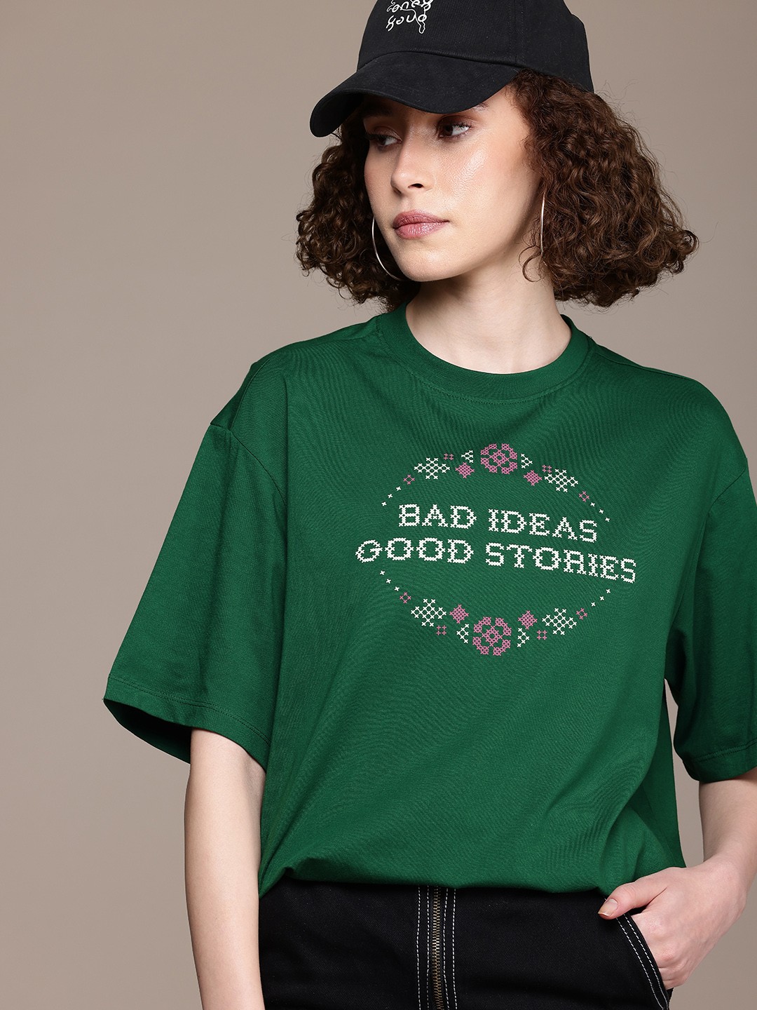 

The Roadster Life Co. Typography Printed Drop-Shoulder Sleeves Oversized T-shirt, Green