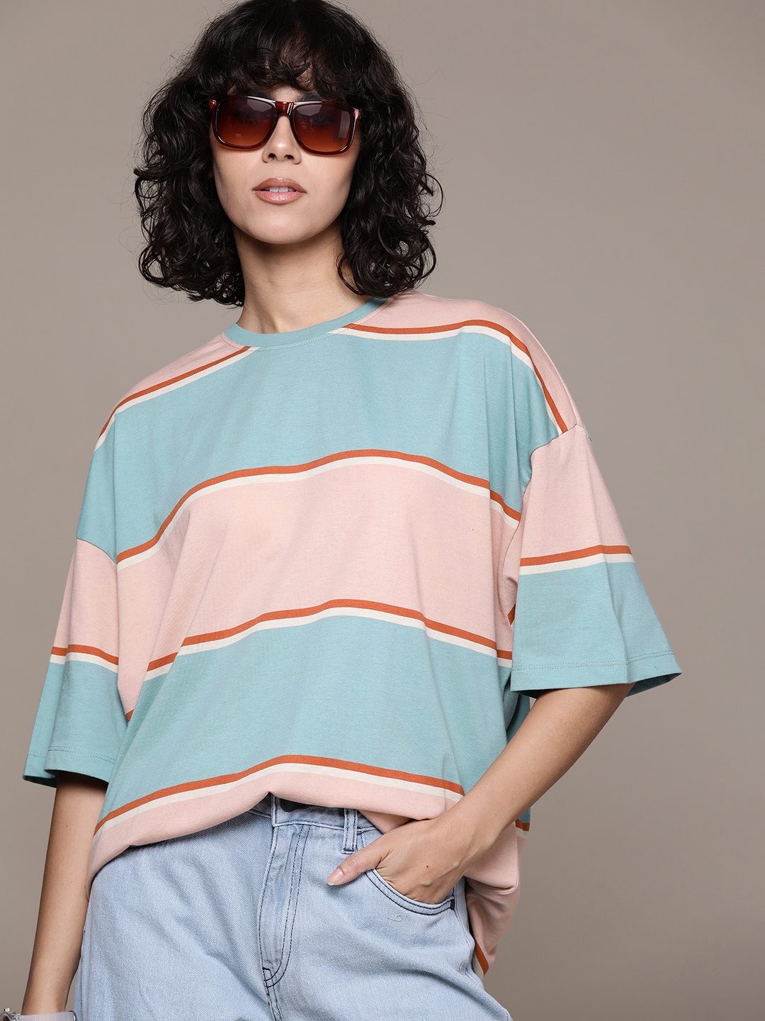 

Roadster The Life Co. Striped Oversized Longline T-shirt, Pink