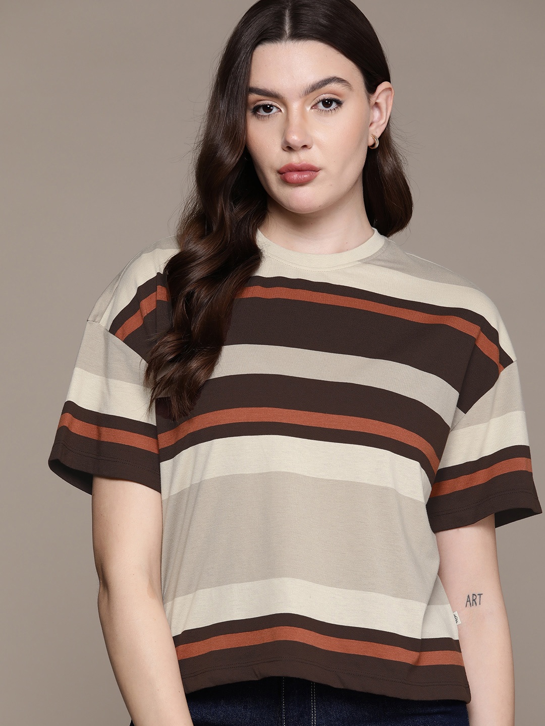 

The Roadster Lifestyle Co. Striped Oversized T-shirt, Beige