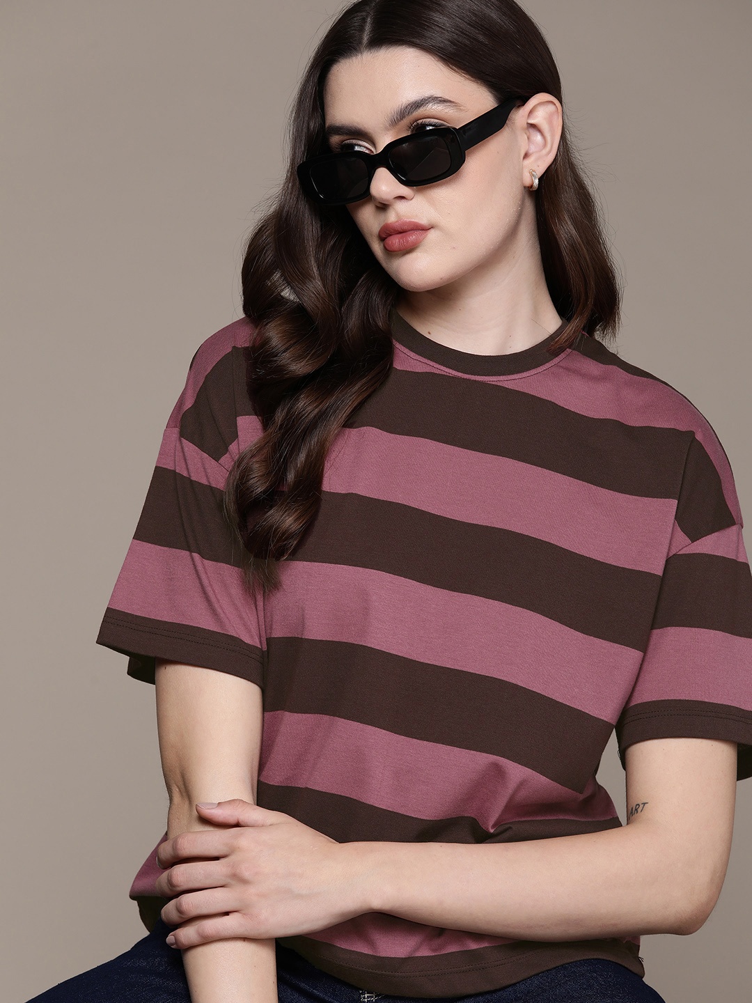 

The Roadster Lifestyle Co. Striped Oversized T-shirt, Mauve