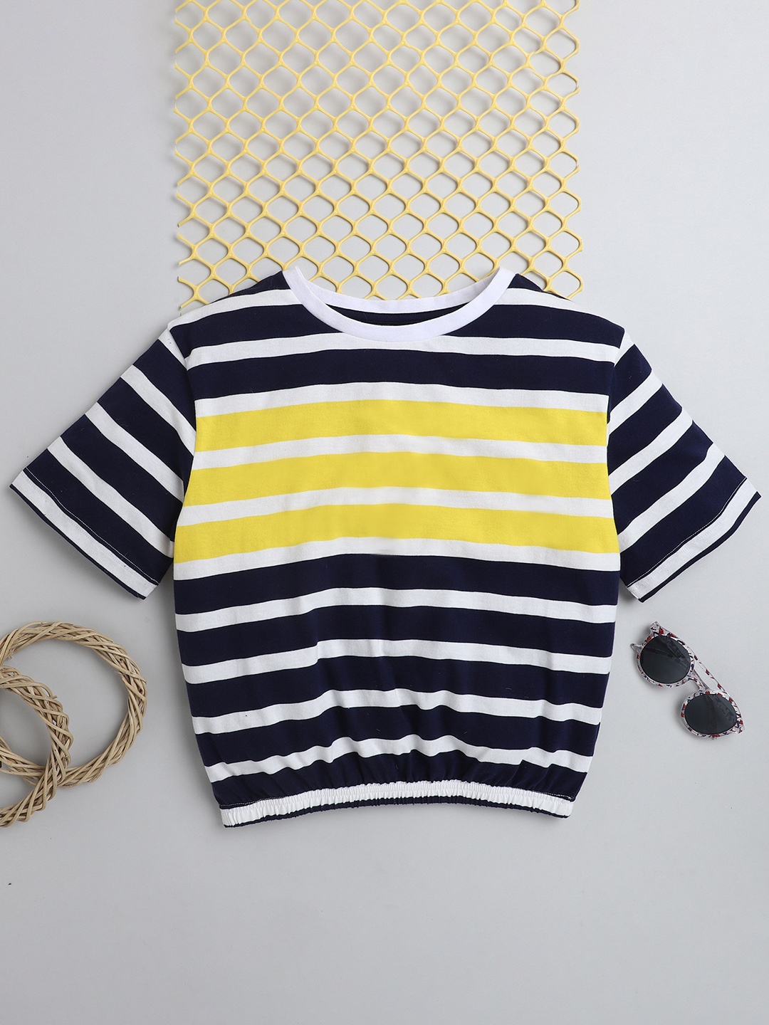

BAESD Girls Horizontal Stripes Round Neck Short Sleeves Cotton Crop Top, Blue