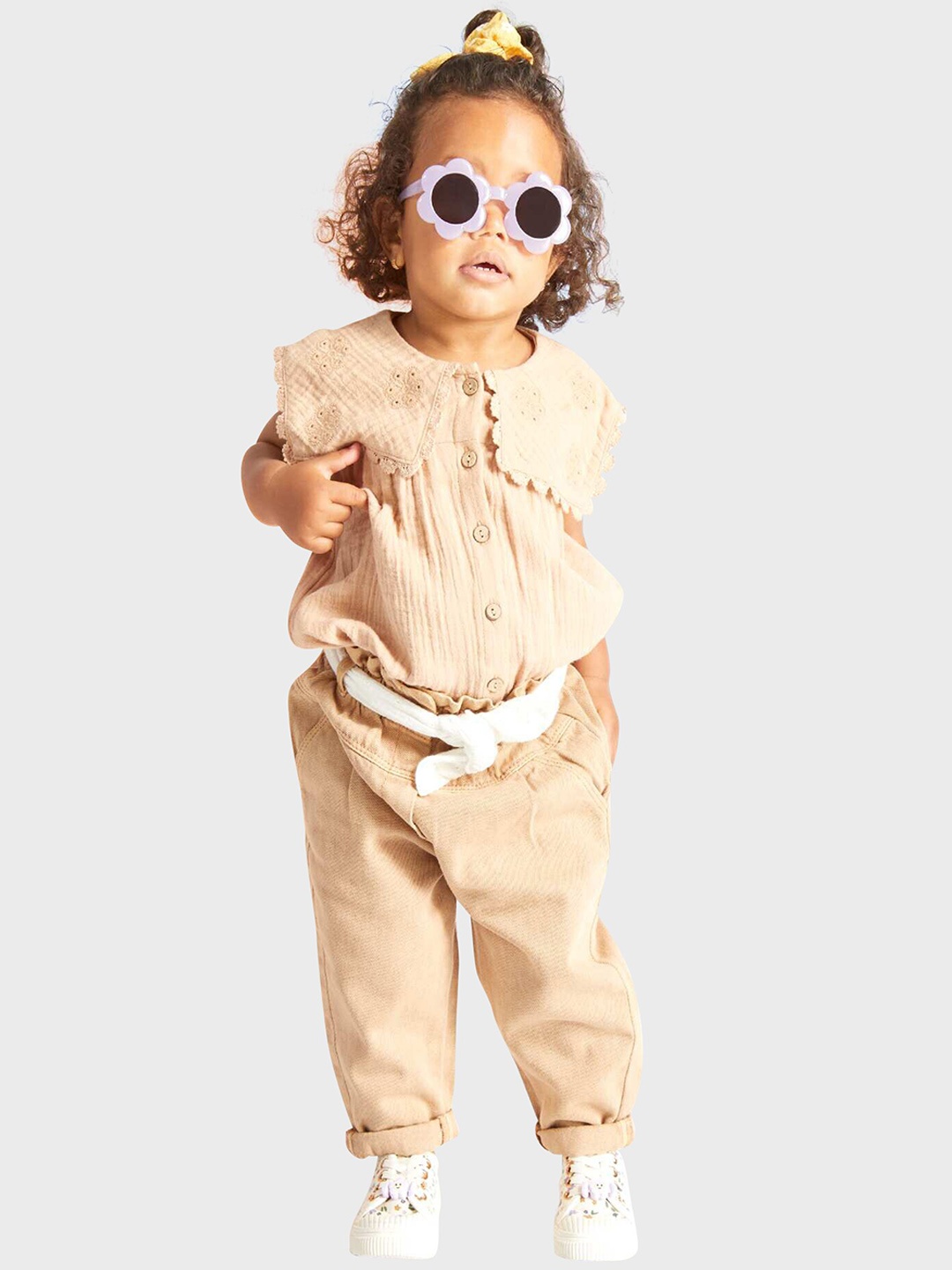 

KIABI Girls Denim Paperbag Trouser, Beige