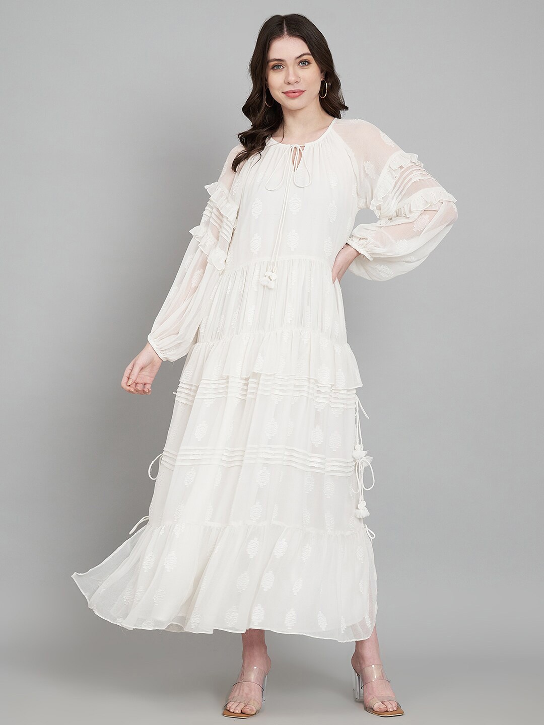 

Amagyaa Tie-Up Neck Bell Sleeve Tiered Maxi Dress, White