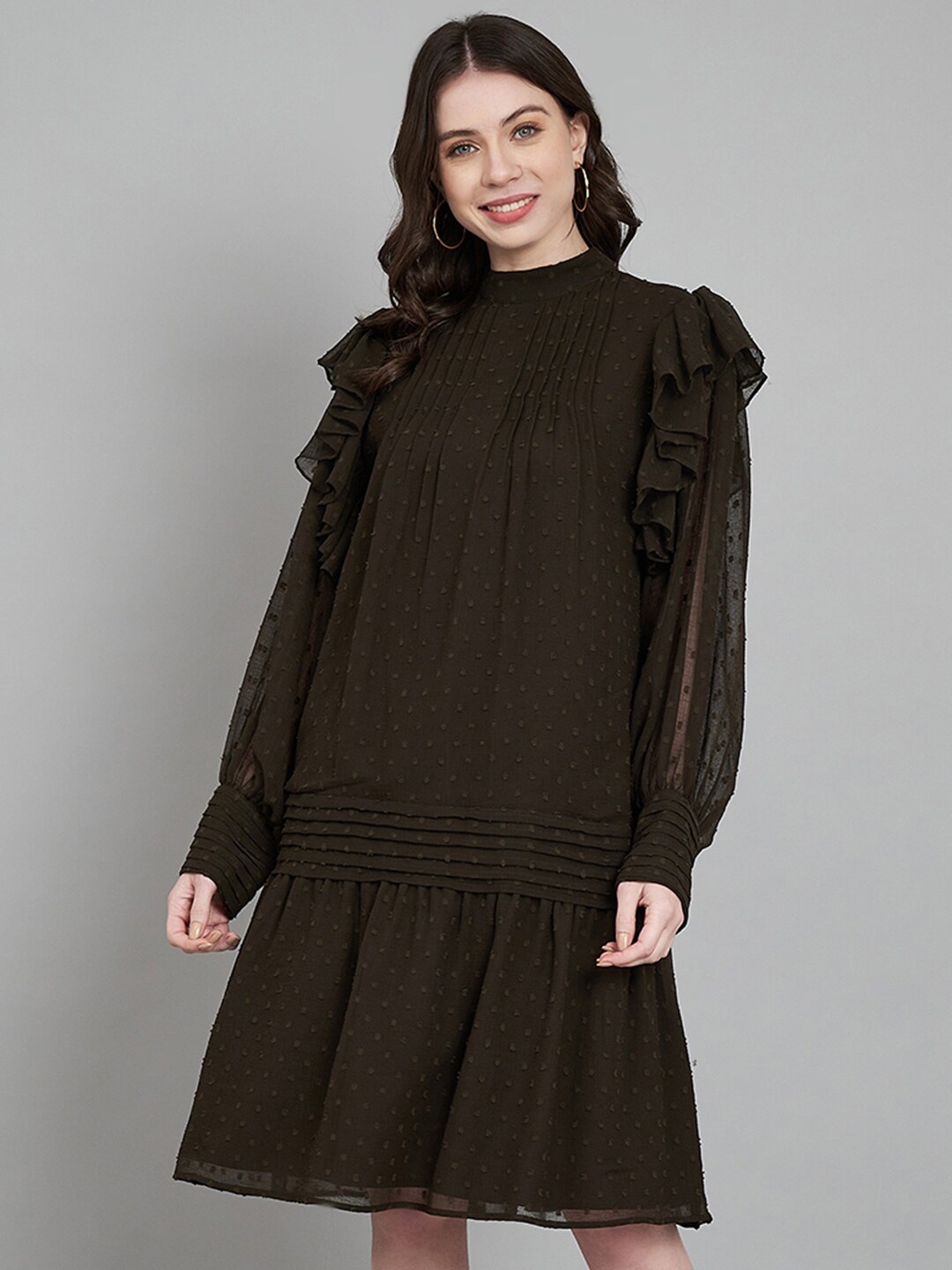 

Amagyaa Mock Neck Puff Sleeve Knee Length Drop-Waist Dress, Brown