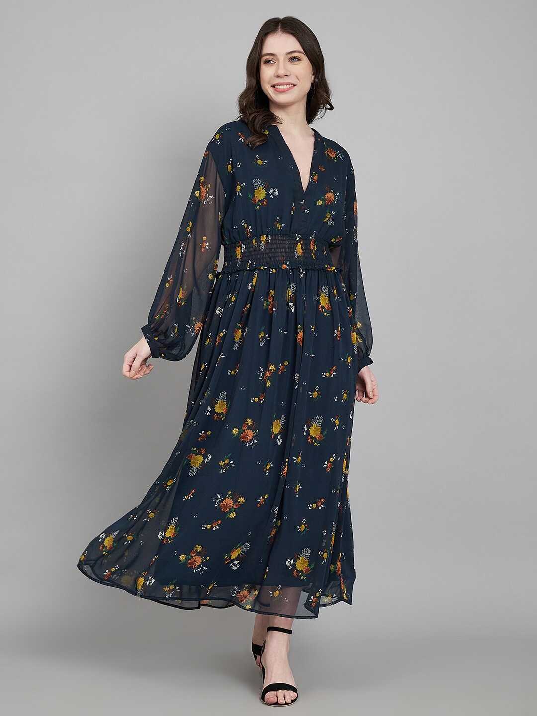 

Amagyaa Floral Print V-Neck Puff Sleeve Smocked Flared Maxi Dress, Navy blue
