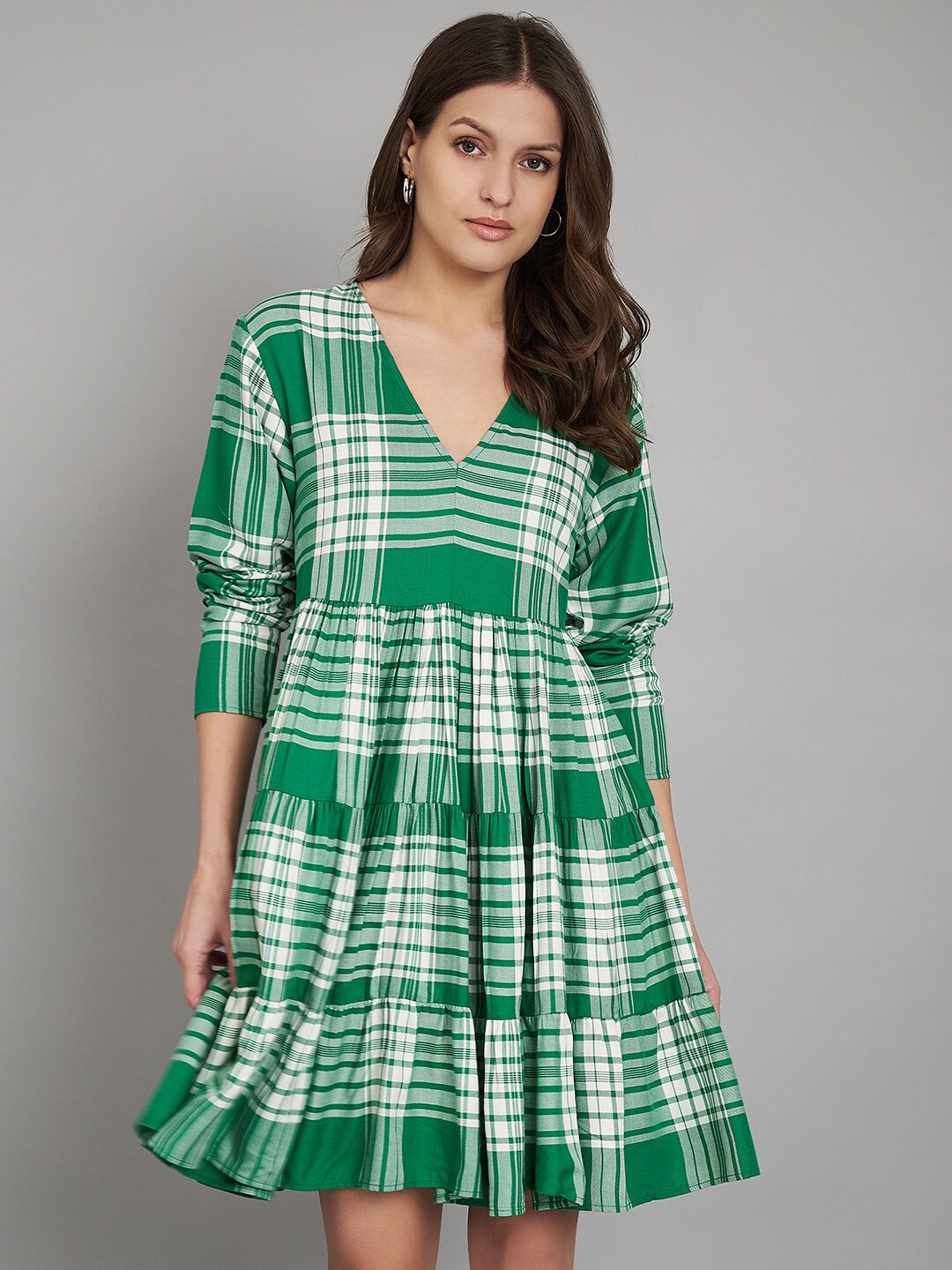 

Amagyaa Checked V-Neck Tiered Cotton Fit & Flare Dress, Green