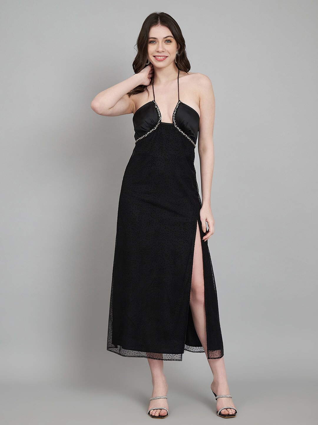 

Amagyaa Embellished Halter Neck Sleeveless Net Maxi Slip Dress, Black