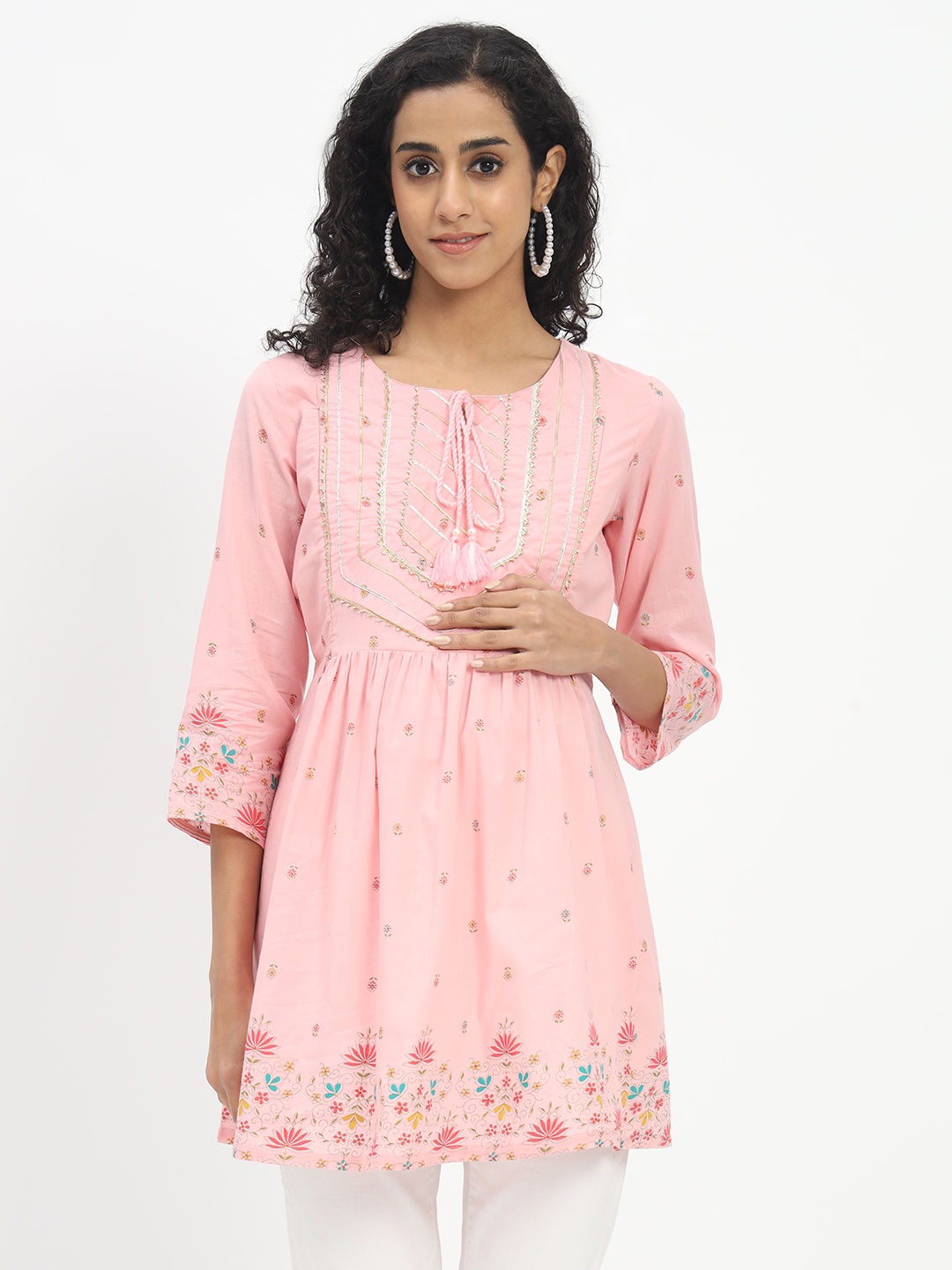 

mumzhug Flora Embroidered Thread Work Pure Cotton Maternity Kurti, Pink