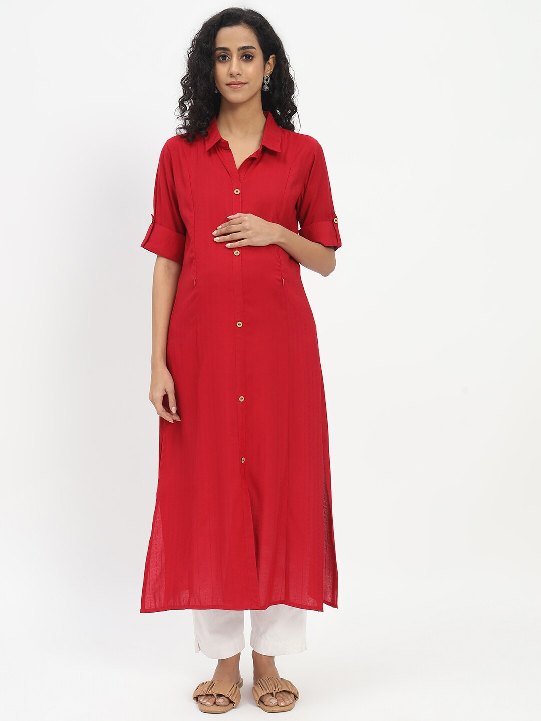 

mumzhug Shirt Collar Roll-Up Sleeves Maternity Straight Tunics, Maroon