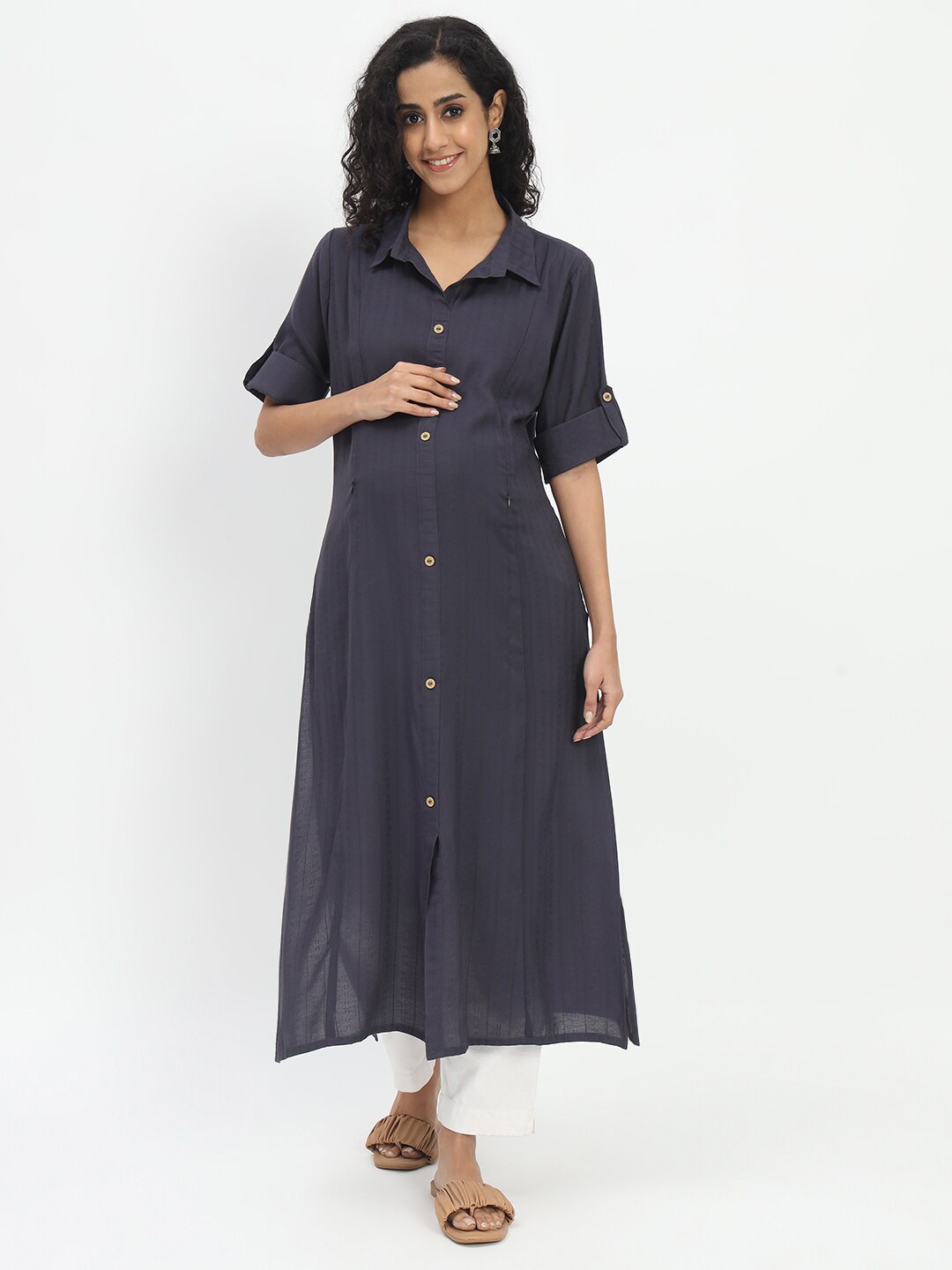 

mumzhug Shirt Collar Roll-Up Sleeves Maternity Straight Tunics, Grey