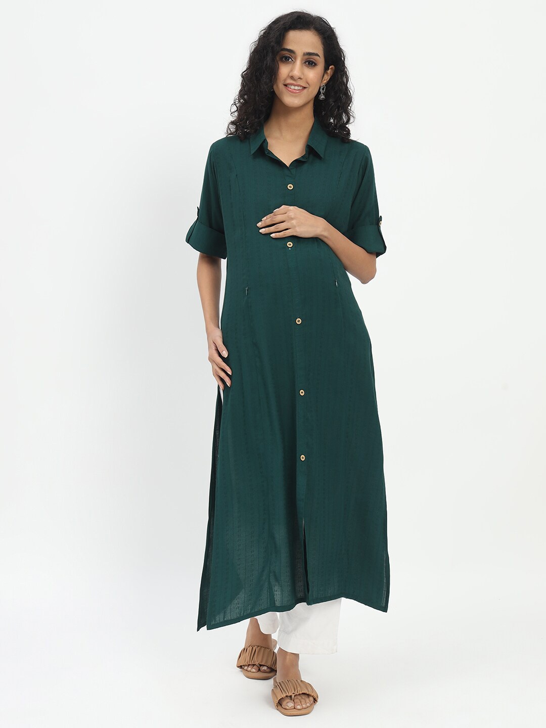 

mumzhug Shirt Collar Straight Maternity Kurta, Green