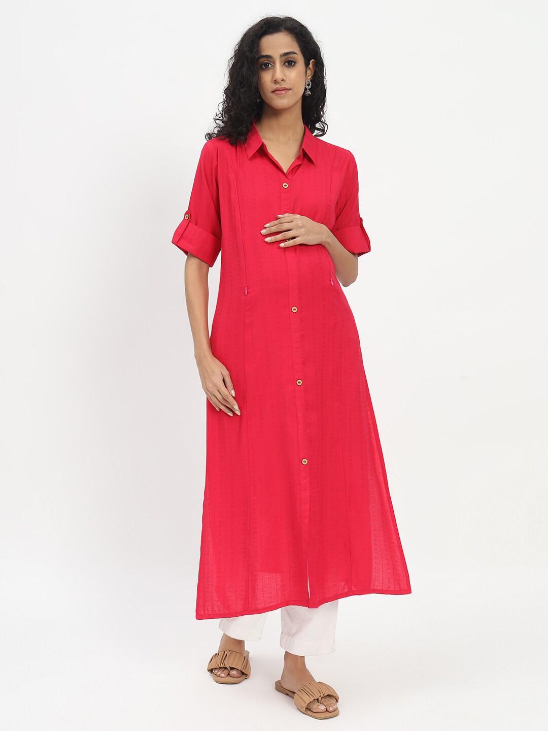 

mumzhug Shirt Collar Roll-Up Sleeves Maternity Straight Tunics, Red
