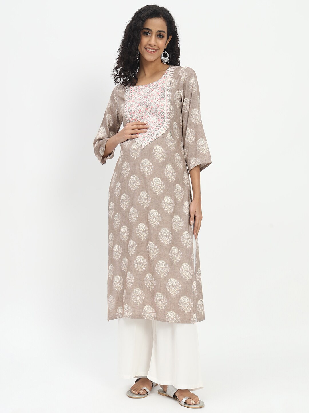 

mumzhug Floral Embroidered Straight Maternity Kurta, Grey