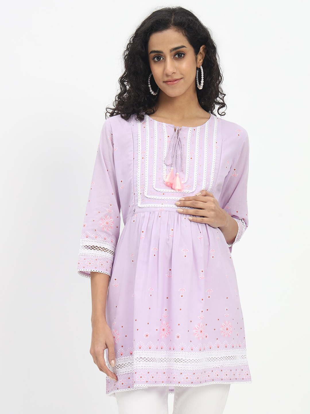 

mumzhug Floral Embroidered Thread Work Pure Cotton Maternity Kurti, Lavender