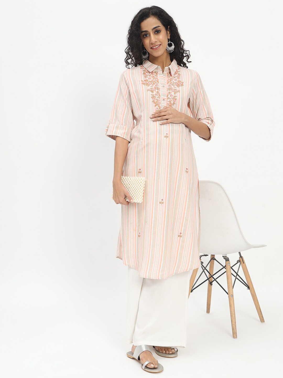 

mumzhug Embroidered Pure Cotton Straight Maternity Kurta, Orange