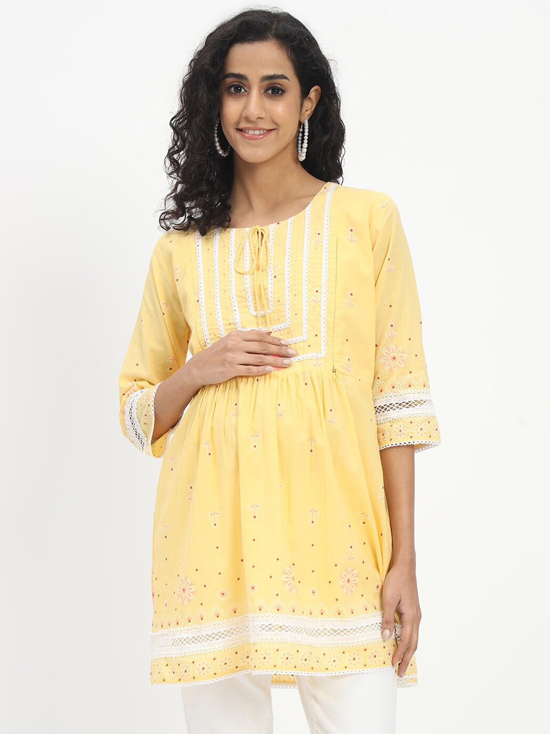 

mumzhug Floral Embroidered Thread Work Pure Cotton Maternity Kurti, Yellow