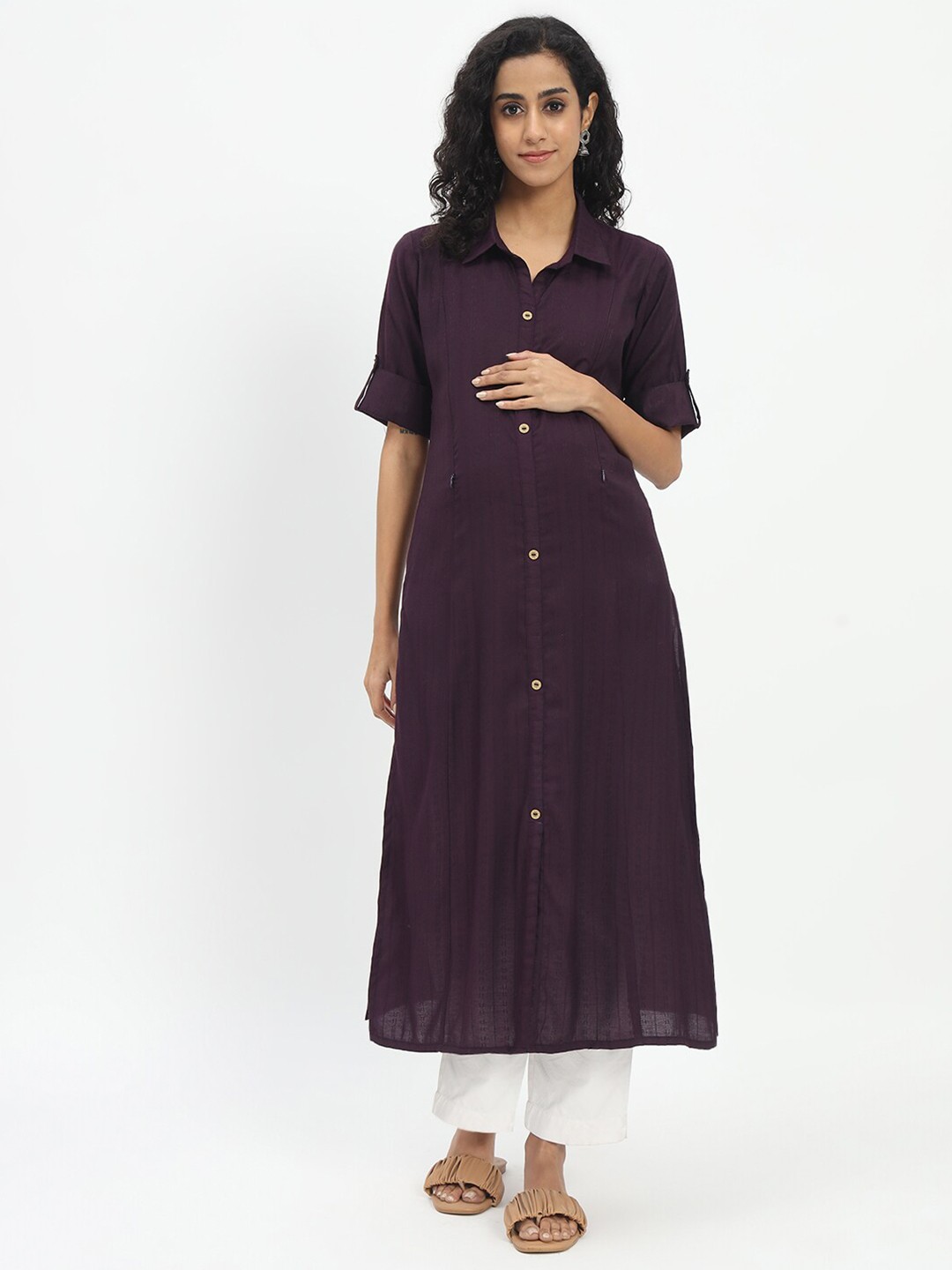 

mumzhug Shirt Collar Straight Maternity Kurta, Purple