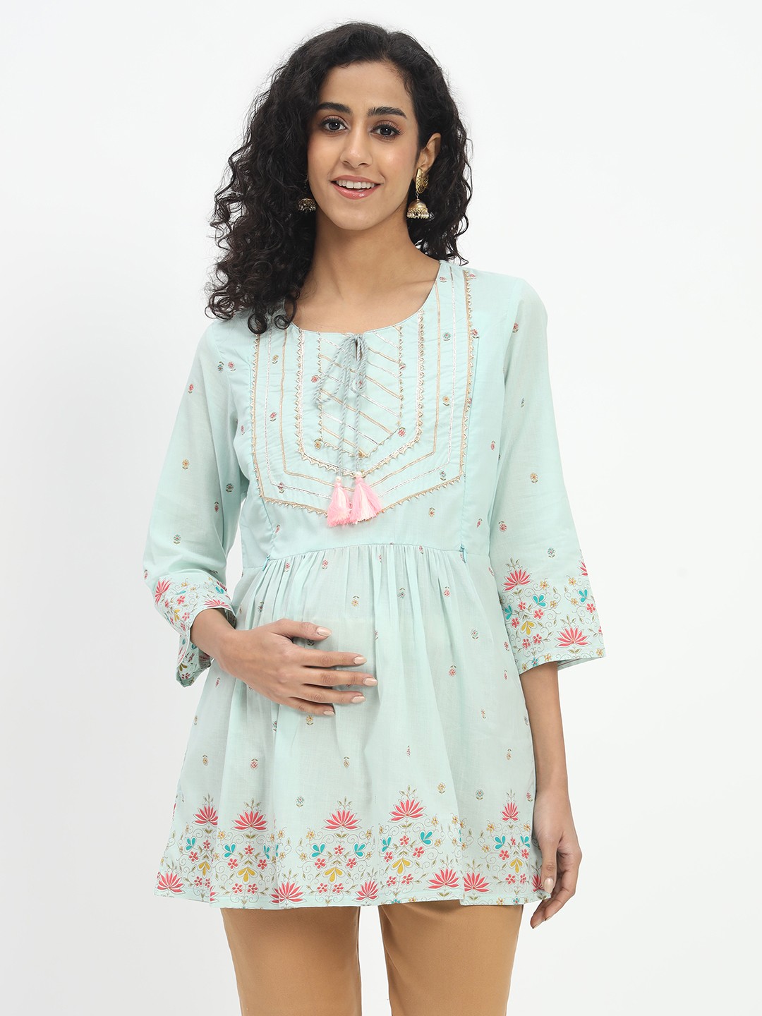 

mumzhug Ethnic Motifs Embroidered Pure Cotton Maternity Kurti, Turquoise blue