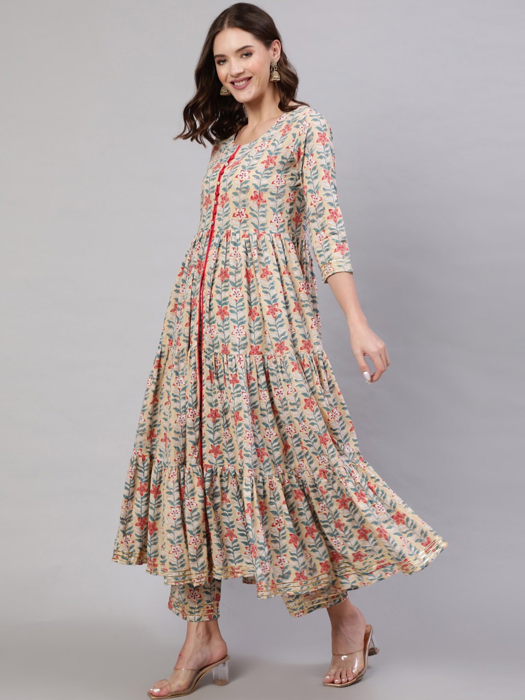 

GLAM ROOTS Floral Printed Regular Work Tiering Anarkali Kurta, Beige