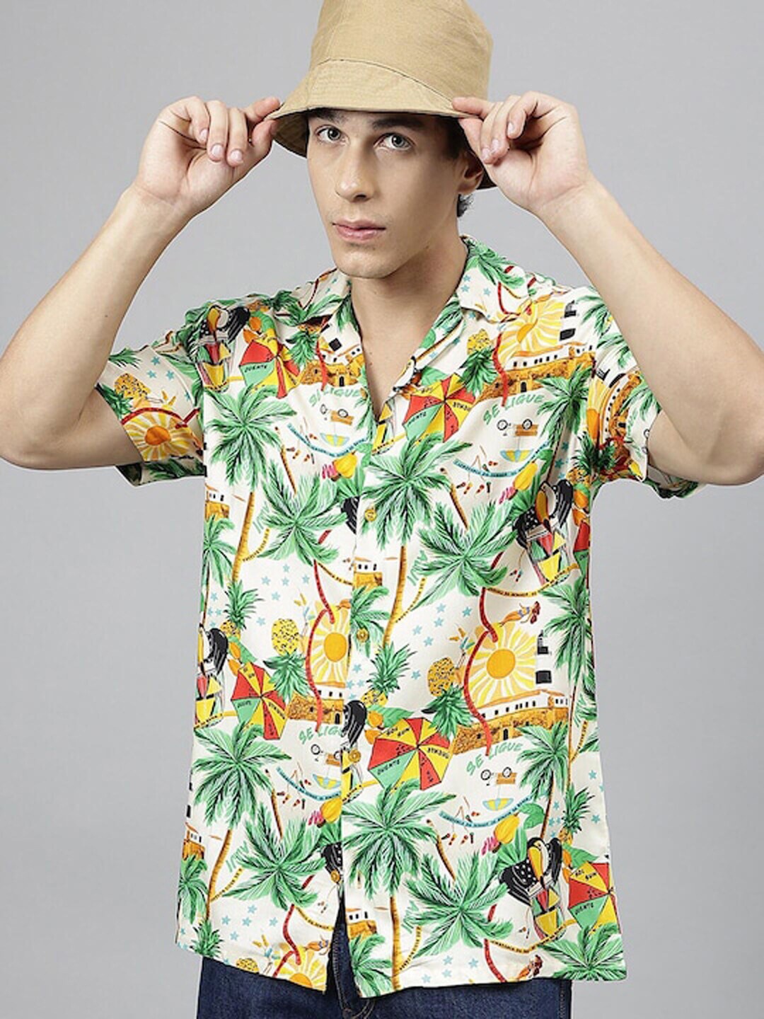 

Hancock Relaxed Tropical Printed Cuban Collar Short Sleeves Casual Shirt, Beige