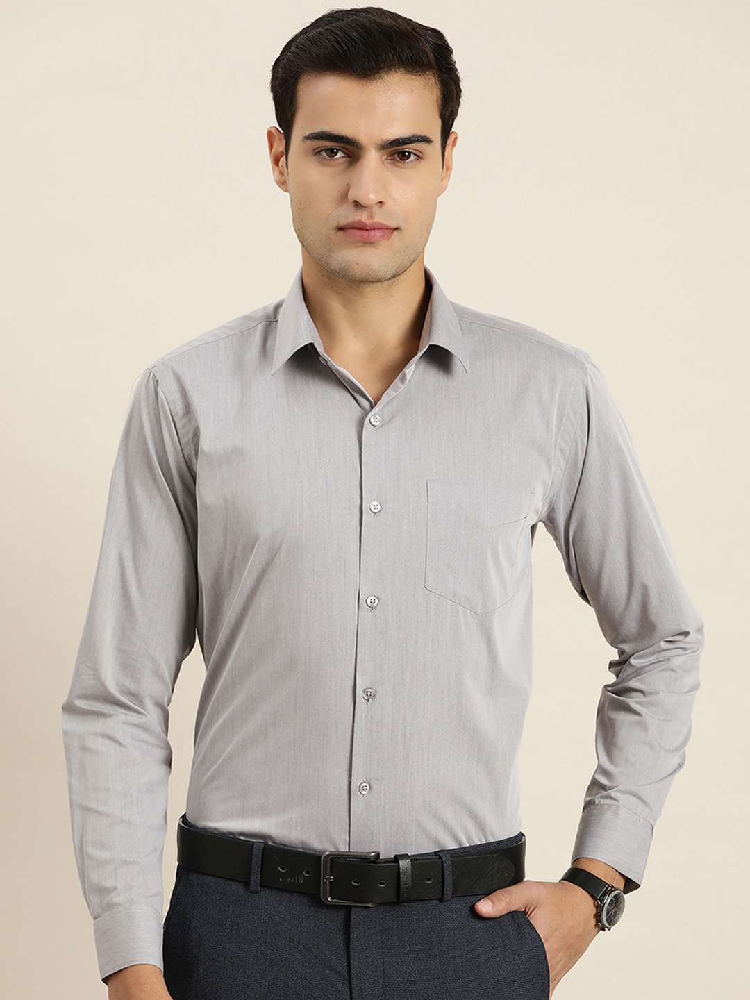 

Hancock Smart Slim Fit Wrinkle Resistant Chambray Spread Collar Long Sleeves Formal Shirt, Grey