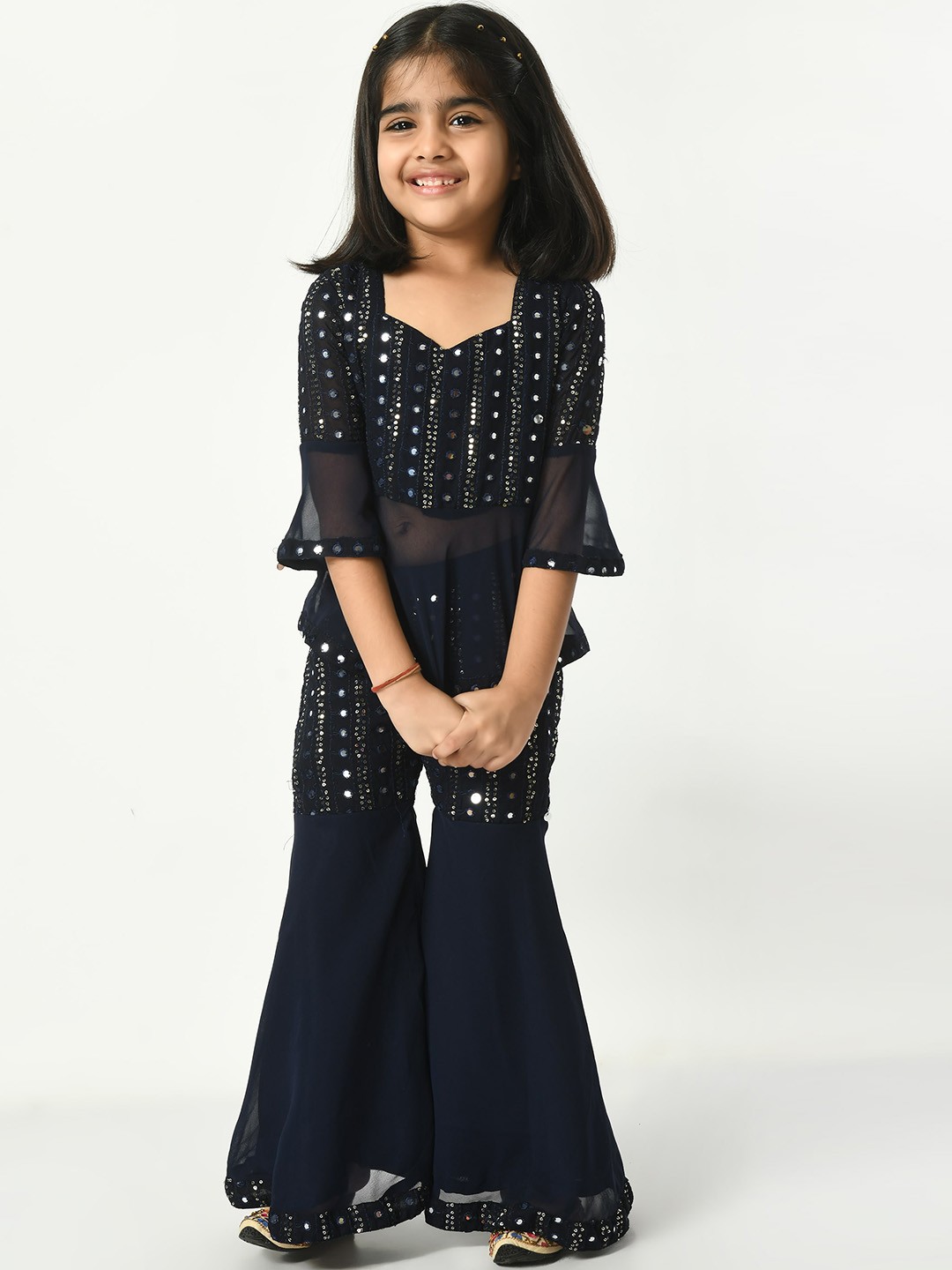 

BAESD Girls Embellished Mirror Work Top with Sharara, Navy blue