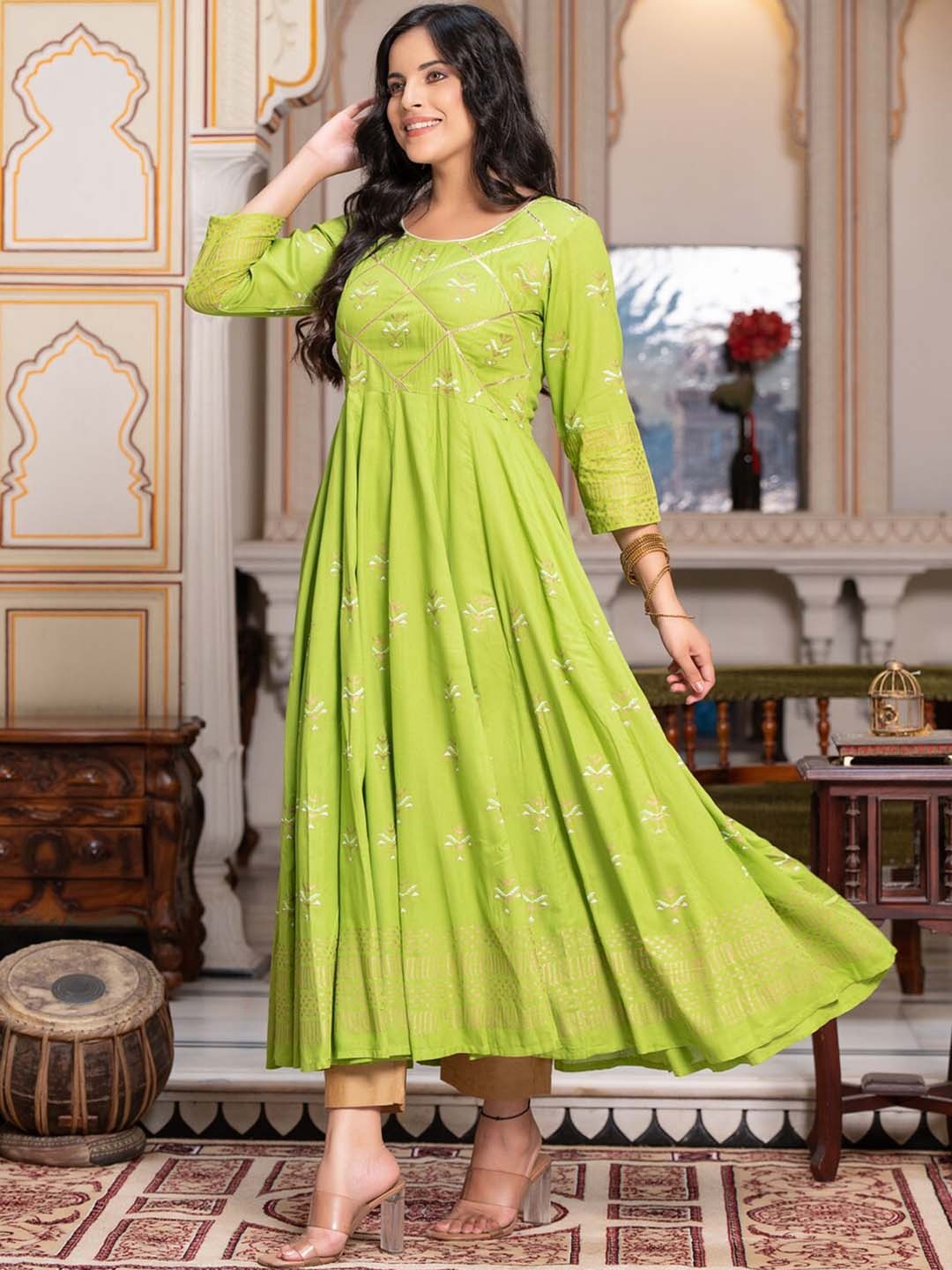 

Indi INSIDE Ethnic Motifs Printed Block Print Anarkali Kurta, Fluorescent green