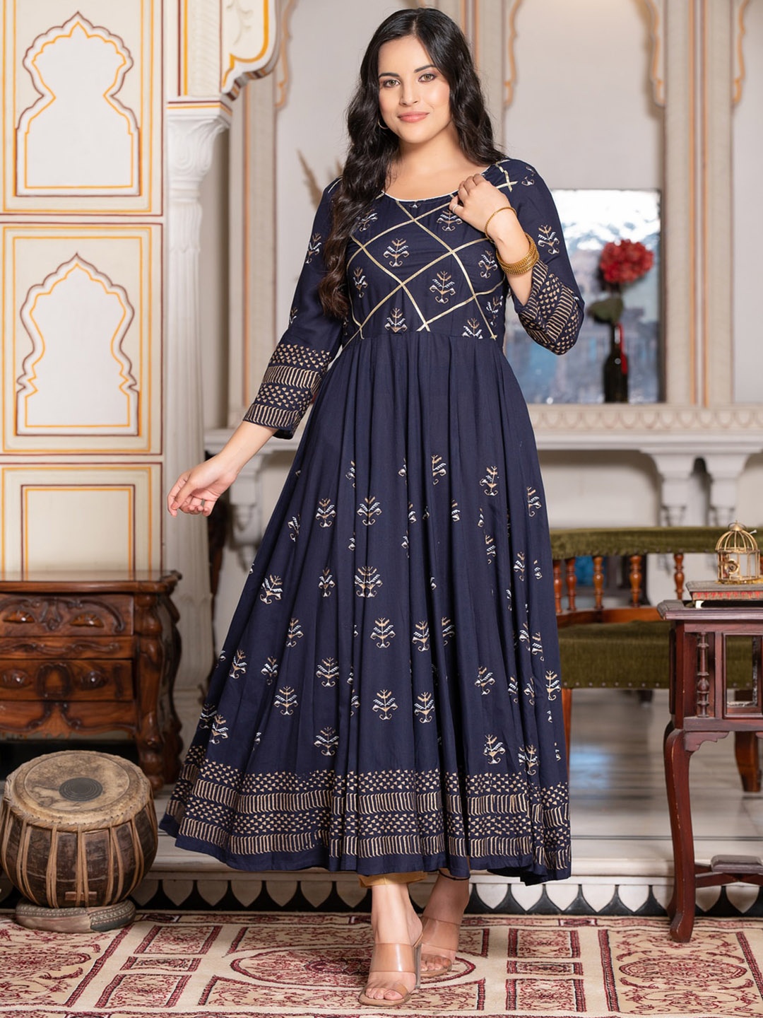 

Indi INSIDE Ethnic Motifs Printed Block Print Anarkali Kurta, Blue