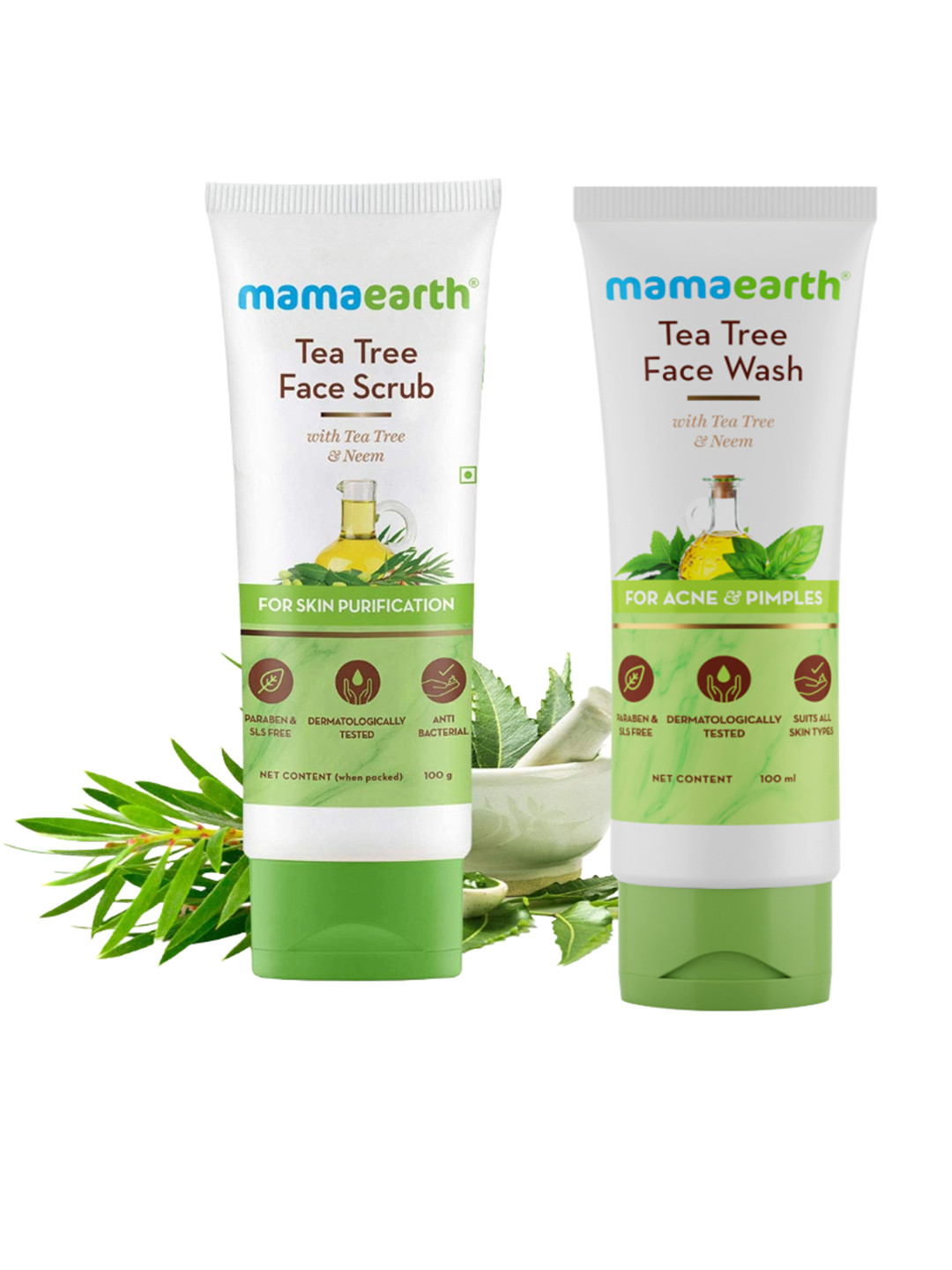

Mamaearth 2-Pcs Tea Tree Face Wash 100ml & Face Scrub 100g Combo, White