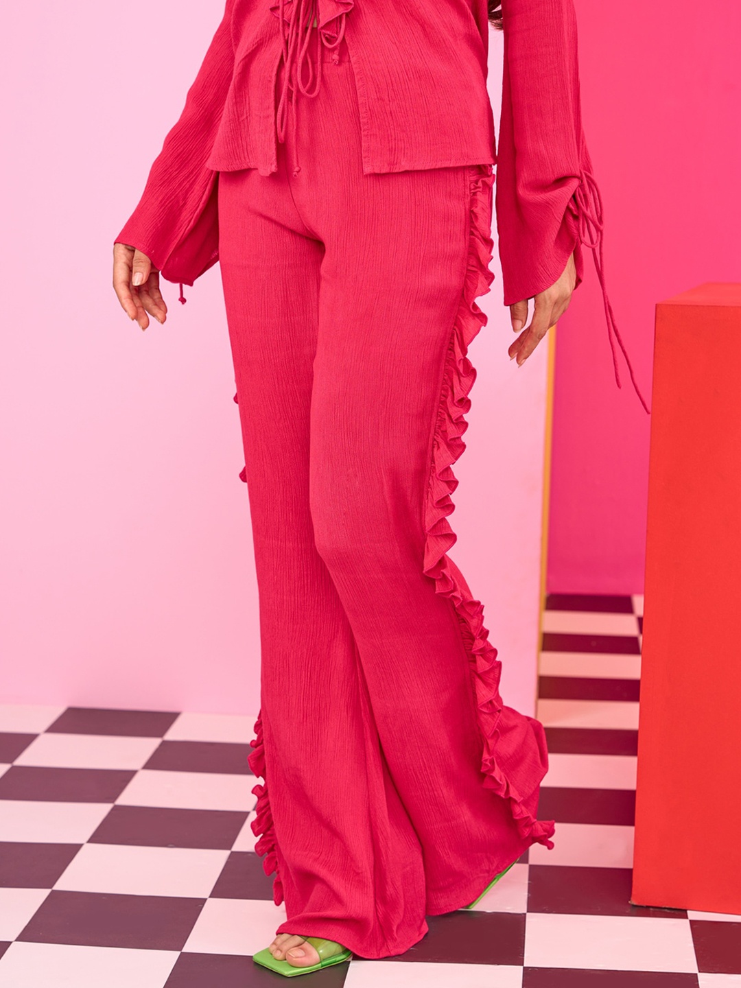 

THE CLOTHING FACTORY Women Emily in Paris Straight Fit High-Rise Frilled Side Seam Trouser, Pink