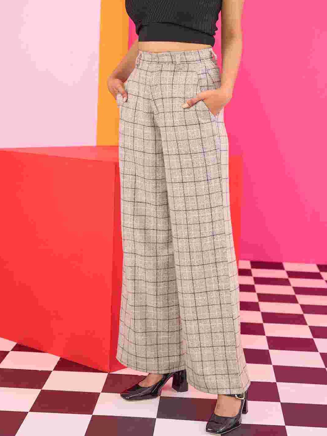 

THE CLOTHING FACTORY Women Plaid Checked Straight Fit High-Rise Woolen Wide Leg Trousers, Beige