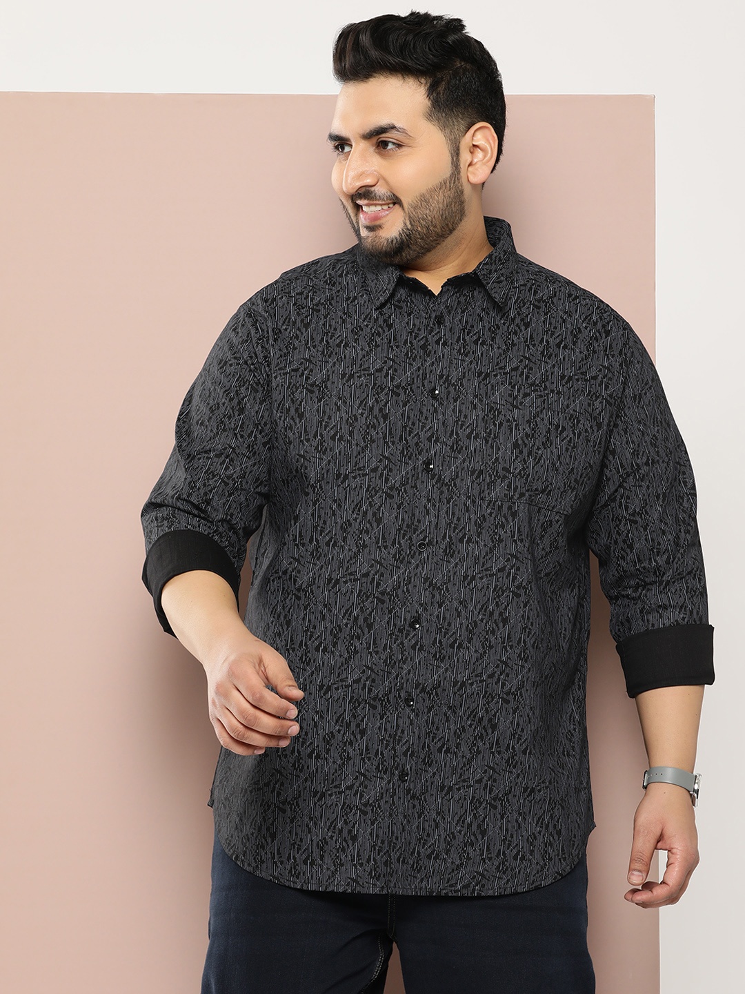 

Sztori Men Plus Size Original Printed Casual Shirt, Black